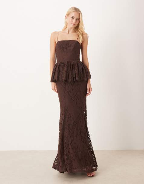 ASOS DESIGN Tall structured lace maxi dress with volume godet bodice in chocolate