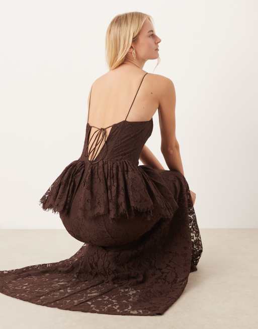 ASOS DESIGN Tall structured lace maxi dress with volume godet bodice in chocolate