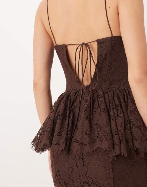 ASOS DESIGN Tall structured lace maxi dress with volume godet bodice in chocolate