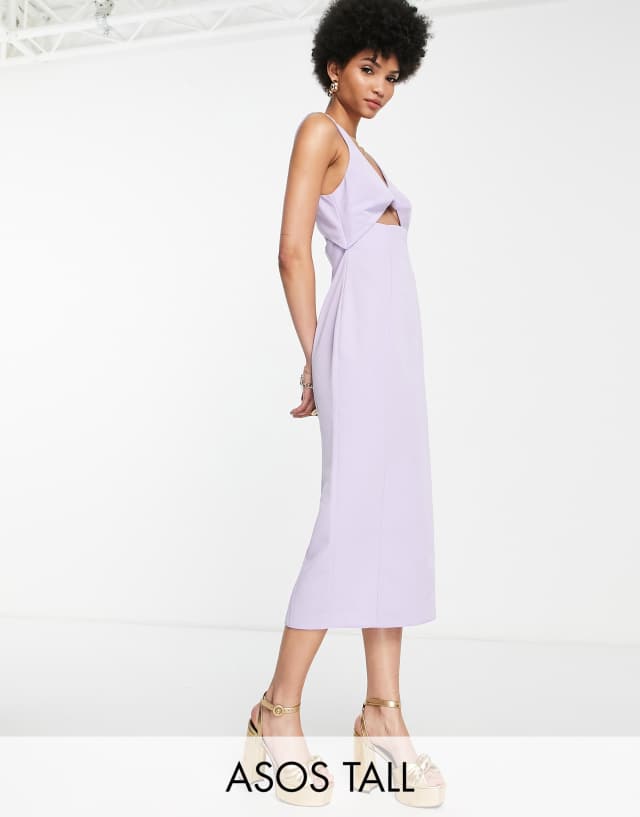 ASOS DESIGN Tall structured midi dress with twist front bodice in lilac