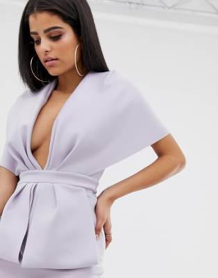 Structured plunge kimono hot sale midi dress with peplum