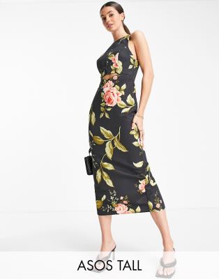 ASOS TALL ASOS DESIGN TALL STRUCTURED RACER MIDI DRESS WITH CUT OUT DETAIL IN ROSE FLORAL-MULTI