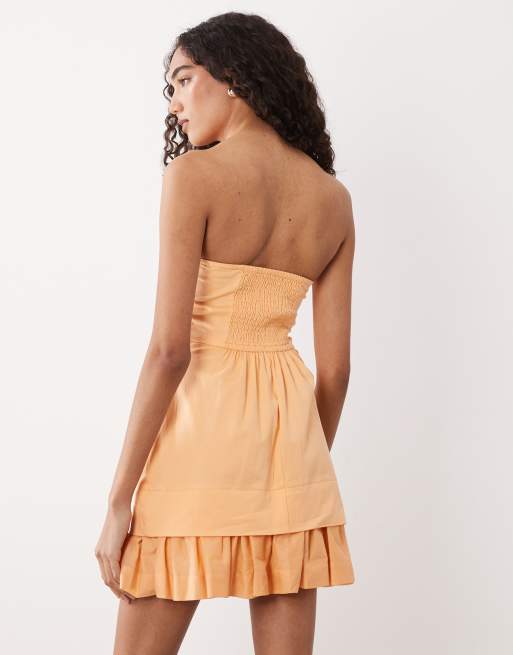 ASOS DESIGN Tall strukturiertes Baumwoll-Bandeau-Minikleid mit Volantsaum in Orange Spritz, 4 von 4