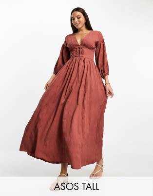 ASOS DESIGN Tall - Strukturiertes Midikleid in Rostrot mit Riemchendetail-Orange