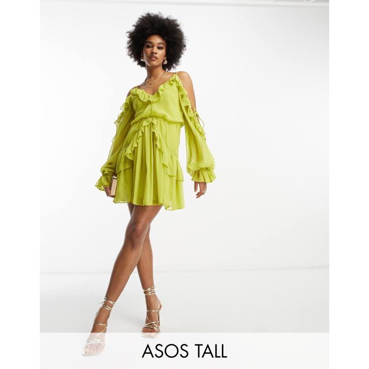 ASOS DESIGN Tall studded tie detail ruffle wrap mini dress in