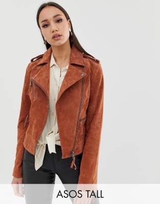 ASOS DESIGN faux suede biker jacket in tan