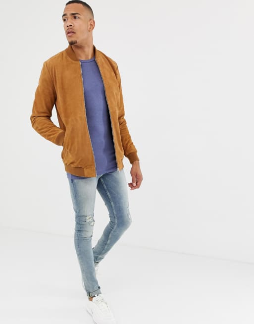 Asos design suede on sale bomber jacket in tan