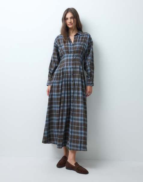 ASOS DESIGN Tall sukienka koszulowa midi z podkreśloną talią w czekoladową kratę - view 1