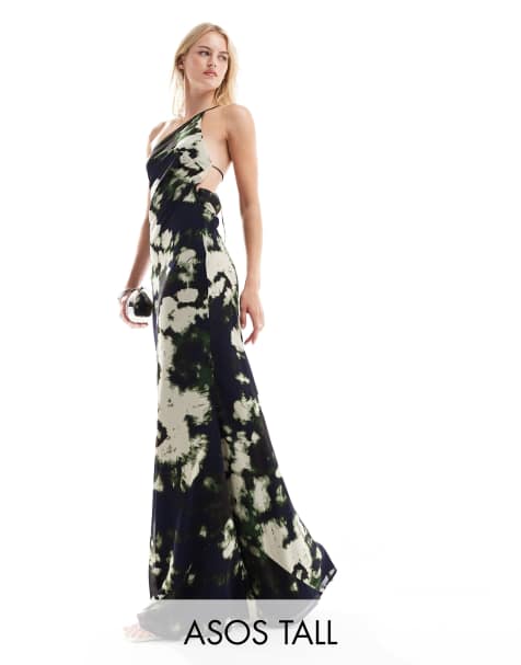 ASOS DESIGN Tall – Sukienka maxi na jedno ramię z odkrytymi plecami w abstrakcyjny czarny wzór - view 1