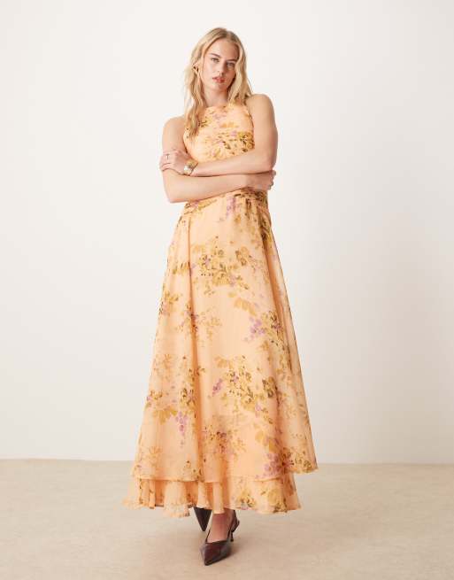 ASOS DESIGN Tall – Sukienka maxi o fasonie bokserki z marszczoną górą i obniżonym stanem w kwiatowy wzór