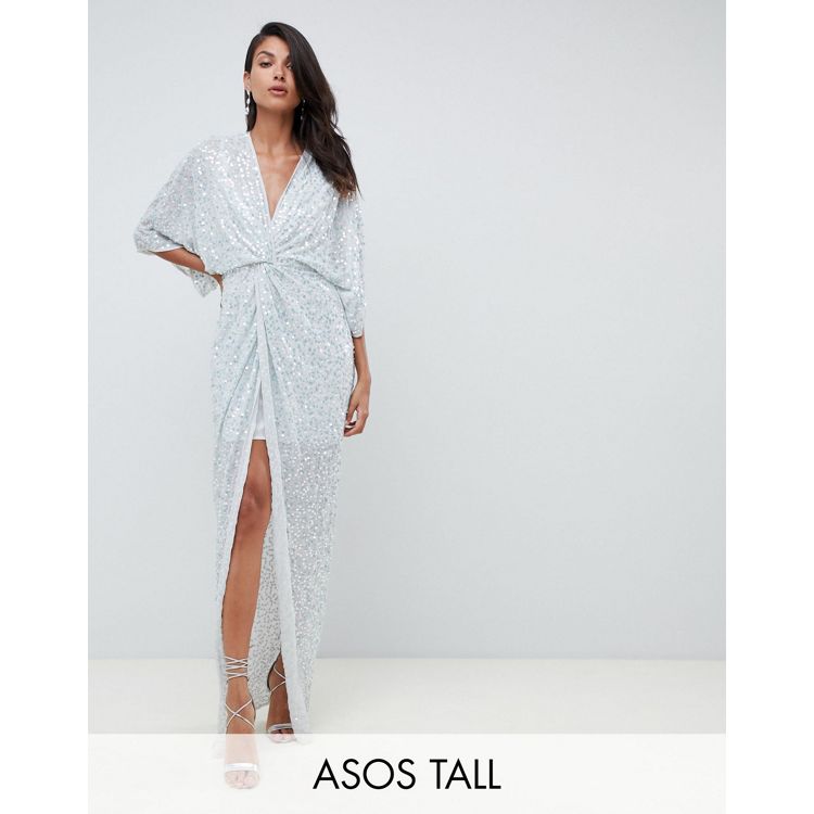 ASOS DESIGN Tall - sukienka maxi typu kimono z węzłem z przodu i cekinami |  ASOS
