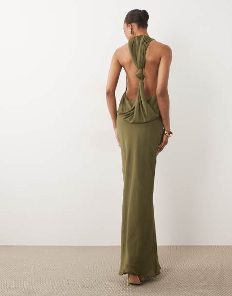 ASOS DESIGN Tall – Sukienka maxi w kolorze khaki z drapowanym dekoltem halter i węzłem na plecach - view 1