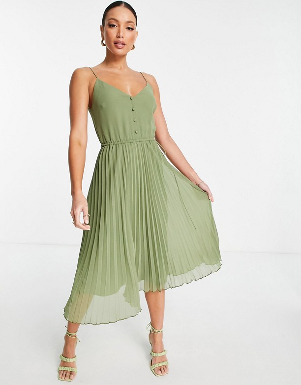 ASOS DESIGN Tall – Sukienka midi na ramiączkach w kolorze khaki z guzikami, wiązaniem w talii i plisowanym dołem Khaki Fabryka 