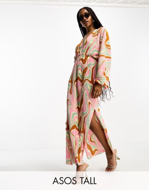 ASOS DESIGN Tall – Sukienka midi z długimi nietoperzowymi rękawami, wiązaniem z tyłu i różowym wzorem w zawijasy