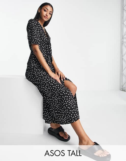 ASOS DESIGN Tall – Sukienka midi z wiązaniem z przodu i zapięciem na guziki w jednokolorowy wzór w kropki
