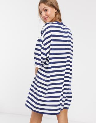 navy and white striped shirt dress