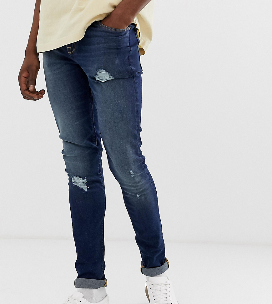 ASOS DESIGN - Tall - Super skinny jeans i mørk blå vask med slidte detaljer
