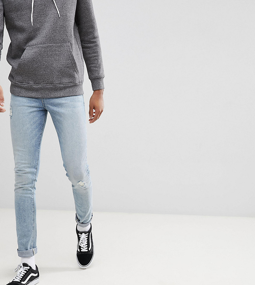 ASOS DESIGN Tall Super Skinny Jeans In Light Wash Blue With Abrasions
