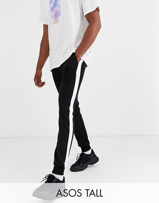 ASOS DESIGN Tall super skinny joggers in poly tricot with side stripe in black