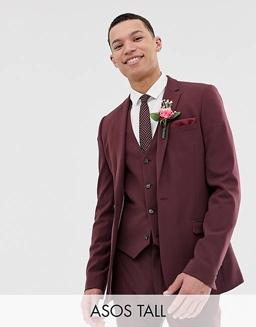 ASOS DESIGN Tall super skinny suit jacket in burgundy | ASOS