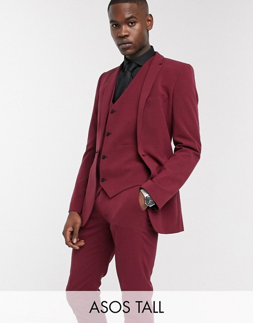 ASOS DESIGN Tall super skinny suit jacket in burgundy
