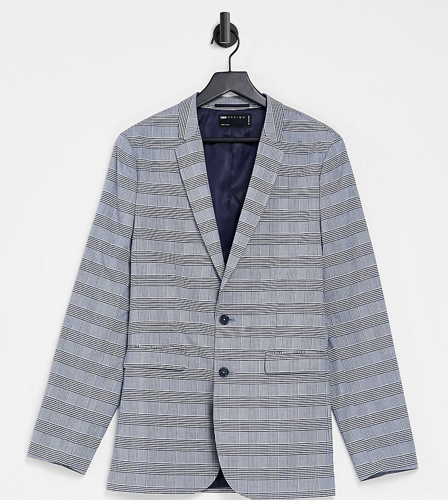ASOS DESIGN Tall super skinny suit jacket with Prince of Wales check in blue-Blues