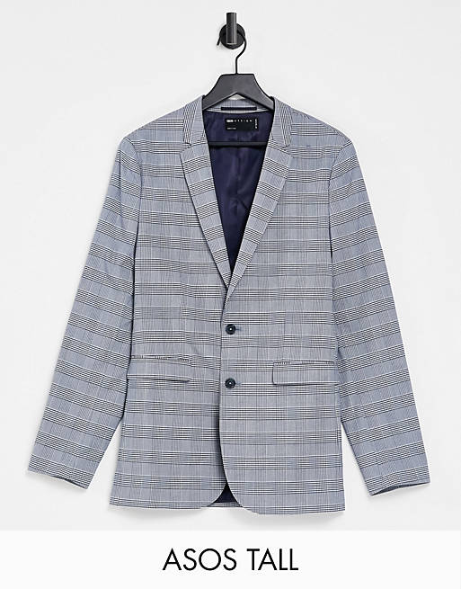 ASOS DESIGN Tall super skinny suit jacket with prince of wales check in blue