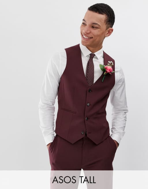 ASOS DESIGN Tall super skinny suit vest in burgundy | ASOS