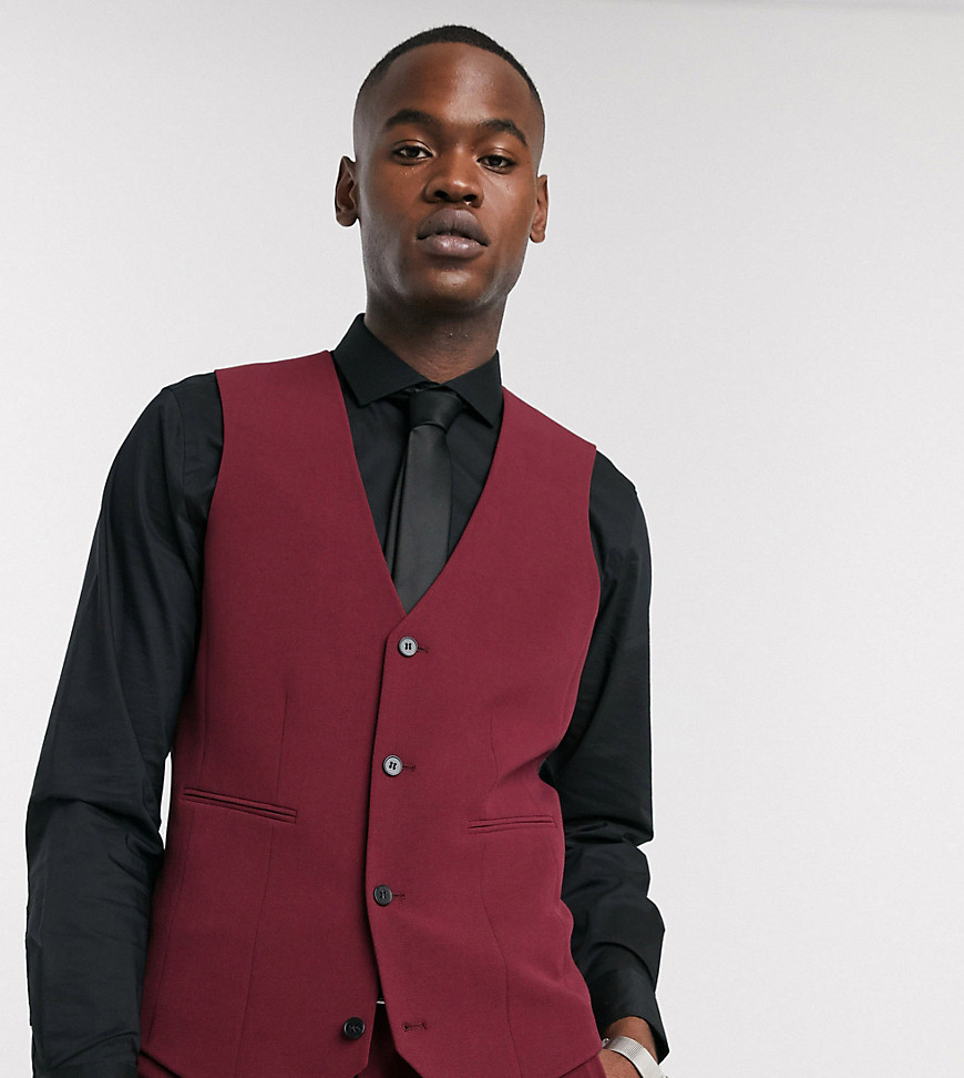 ASOS DESIGN Tall super skinny suit waistcoat in burgundy-Red