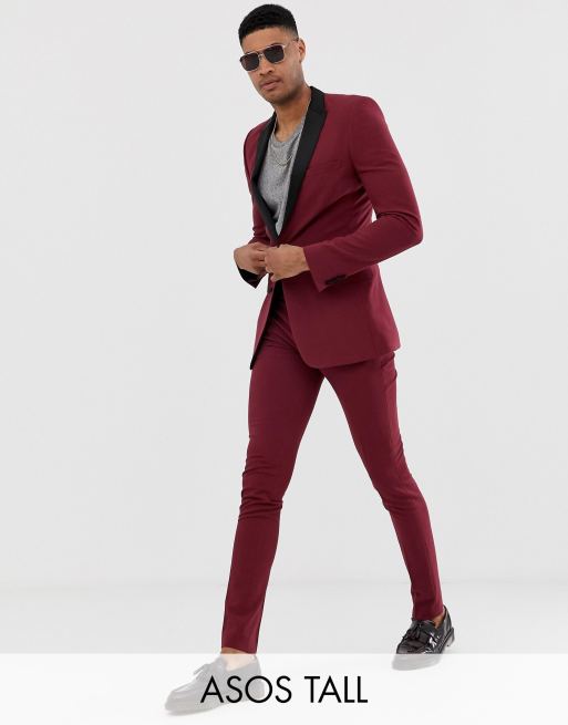 ASOS DESIGN Tall super skinny tuxedo suit in burgundy, 3 of 3