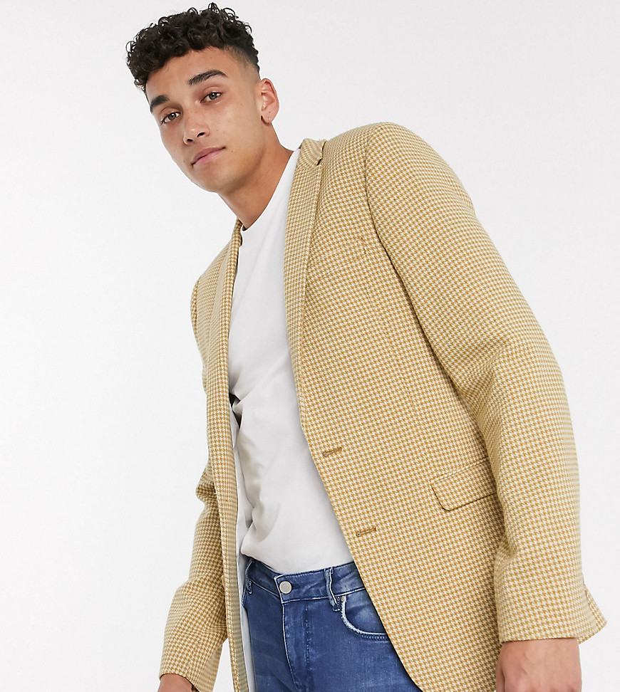 ASOS DESIGN Tall super skinny wool mix blazer with micro check in mustard-Yellow