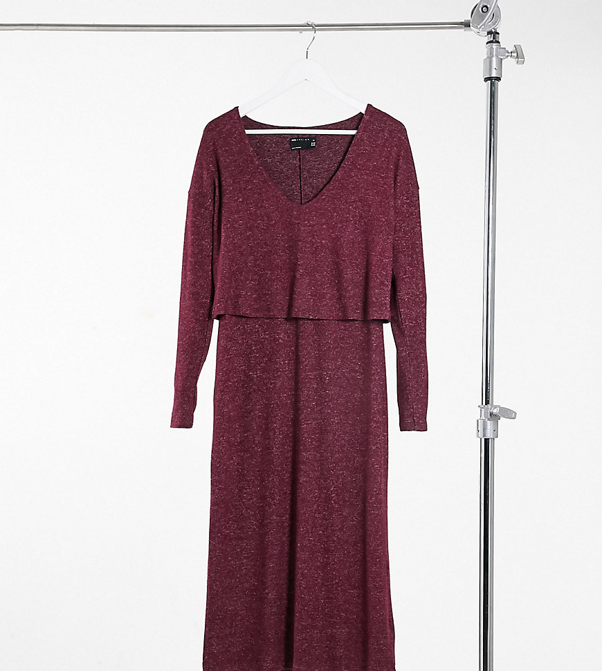 ASOS DESIGN Tall super soft long sleeve overlay midi dress in dark berry-Purple