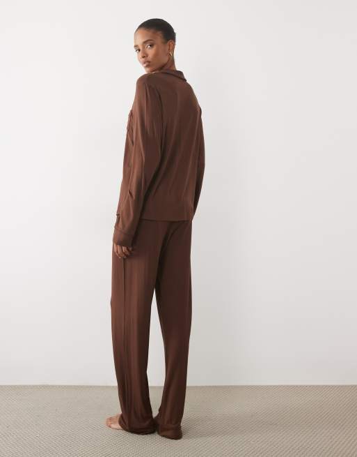 ASOS DESIGN Tall super soft long sleeve shirt & pant pyjama set in chocolate, 4 of 4