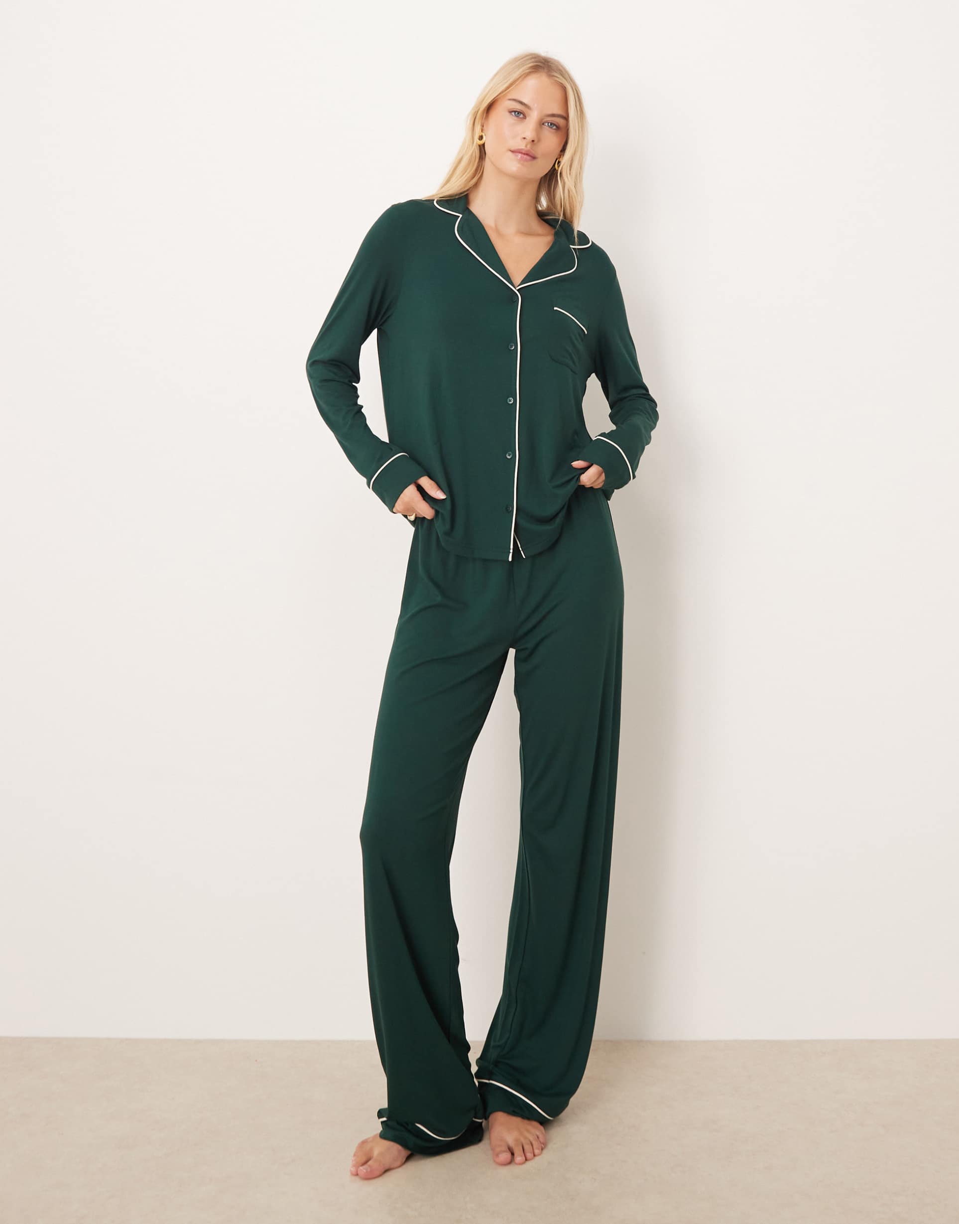 asos design tall super soft long sleeve shirt & pants pajama set in dark green