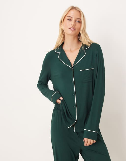 ASOS DESIGN Tall super soft long sleeve shirt & pants pajama set in dark green