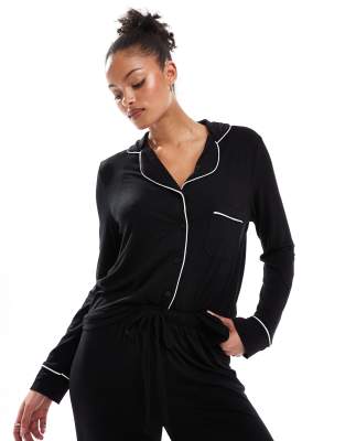 ASOS DESIGN Tall super soft long sleeve shirt & pants pajama set with contrast piping in black-Gray