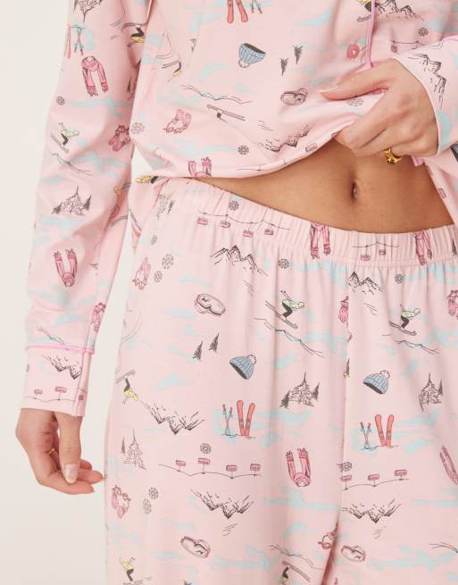 ASOS DESIGN Tall super soft long sleeve shirt & trouser pyjama set with contrast piping in ski print
