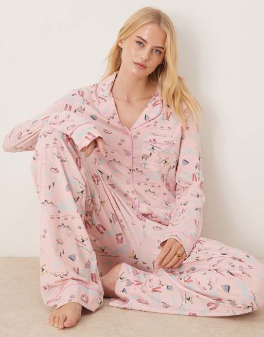 ASOS DESIGN Tall super soft long sleeve shirt & trouser pyjama set with contrast piping in ski print