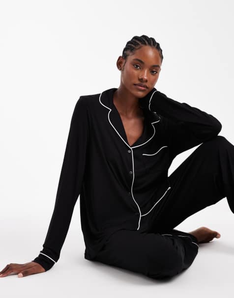 ASOS DESIGN Tall super soft long sleeve shirt & pants pyjama set with contrast piping in black - view 1