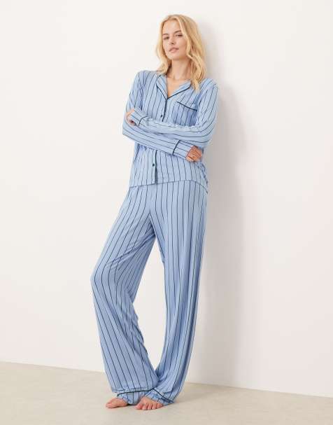 ASOS DESIGN Tall super soft long sleeve shirt & pants pyjama set with contrast piping in blue & green stripe - view 1