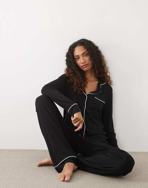 ASOS DESIGN Tall super soft long sleeve shirt & trouser pyjama set in black - view 1