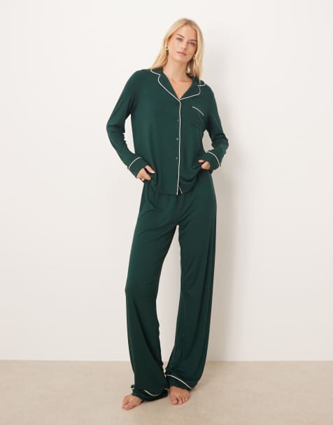 ASOS DESIGN Tall super soft long sleeve shirt & trouser pyjama set in dark green - view 1