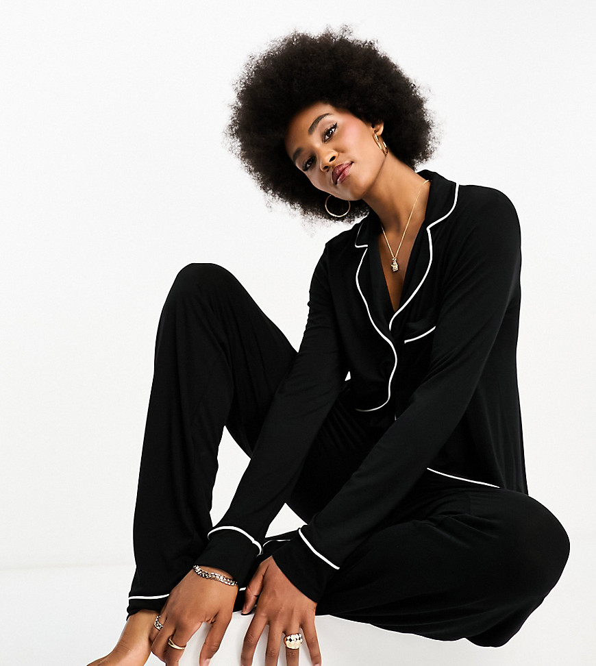 ASOS DESIGN Tall super soft long sleeve shirt & trouser pyjama set with contrast piping in black
