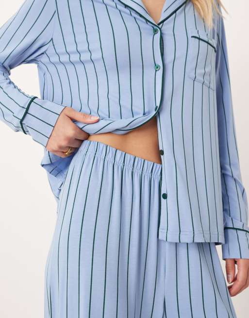ASOS DESIGN Tall super soft long sleeve shirt & trouser pyjama set with contrast piping in blue & green stripe