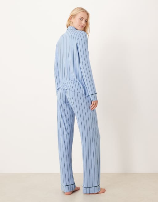 ASOS DESIGN Tall super soft long sleeve shirt & trouser pyjama set with contrast piping in blue & green stripe