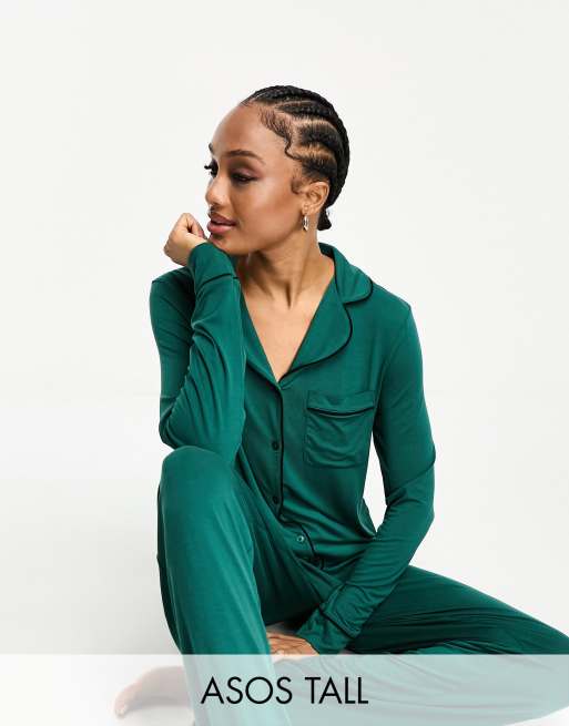 ASOS DESIGN Tall super soft long sleeve shirt trouser pyjama set with contrast piping in green