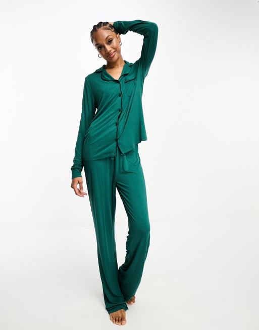 ASOS DESIGN Tall super soft long sleeve shirt trouser pyjama set with contrast piping in green