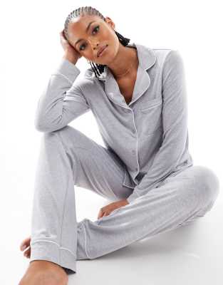 ASOS Tall ASOS DESIGN Tall super soft long sleeve shirt & trouser pyjama set with contrast piping in grey