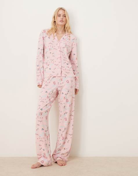 ASOS DESIGN Tall super soft long sleeve shirt & trouser pyjama set with contrast piping in ski print - view 1