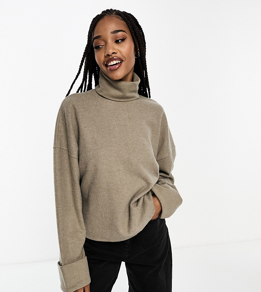 ASOS DESIGN Tall super soft roll neck with cuff detail In taupe marl-Brown